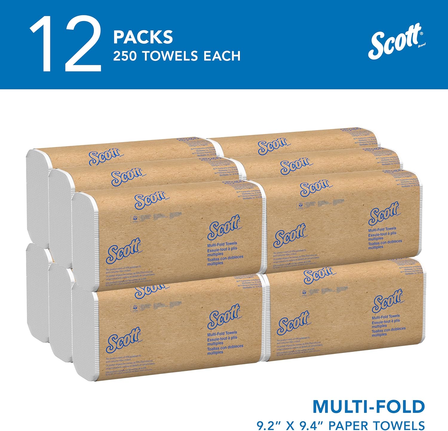 Scott Professional Universal Multifold Paper Towels, Bulk (58091), Absorbency Pockets, White, 9.2"x9.4" Towel, White, Compressed, Compact Case (250 Sheets/Pack, 12 Packs/Case, 3,000 Sheet Total) - Image 2