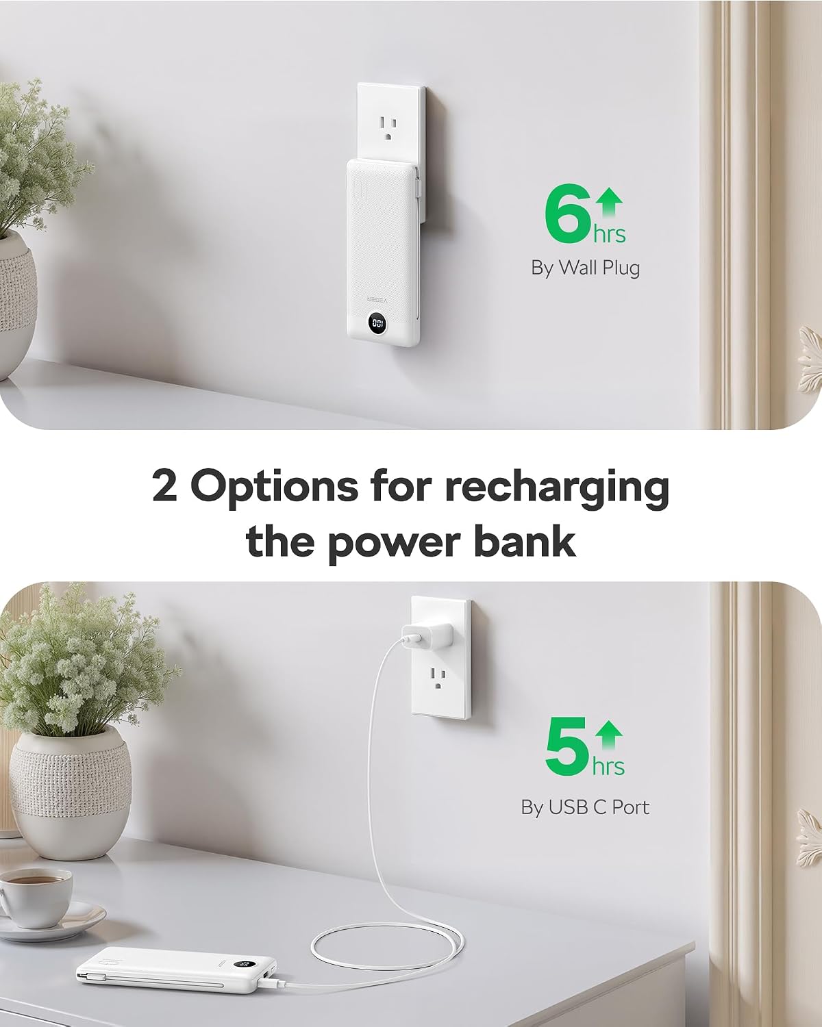 VEGER AC Wall Plug Portable Charger, 10000mah Slim Portable Charger Built in Cables, USB C Power Bank 15W Fast Charging, Travel Essential Battery Pack Compatible with iPhone, Android and More(Purple) - Image 7