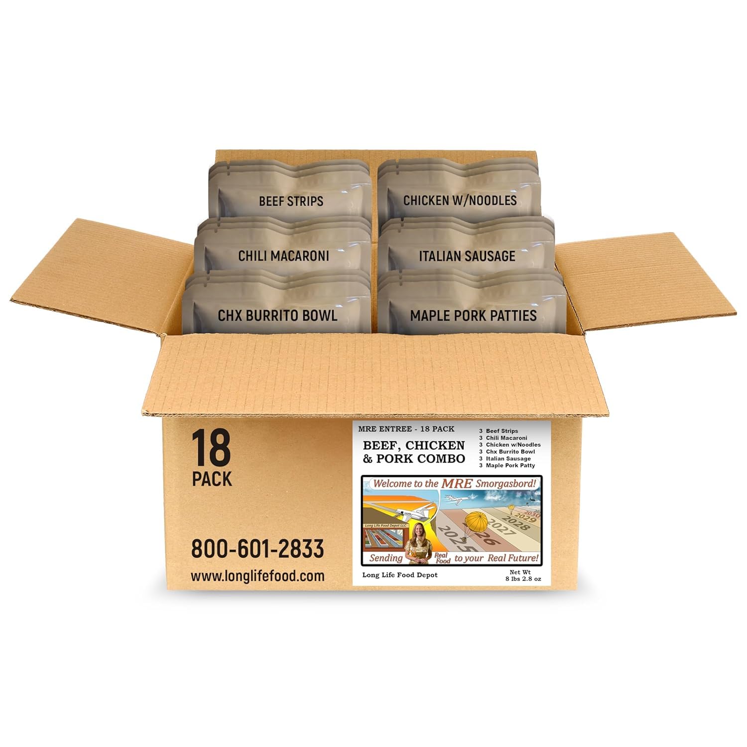 MRE Variety Pack (18-Pack) – Beef, Chicken & Pork Entrees – Main Courses Only (Not Full Meals) – Long Shelf Life – 2024+ Production Dates by Long Life Food Depot – Meals Ready to Eat