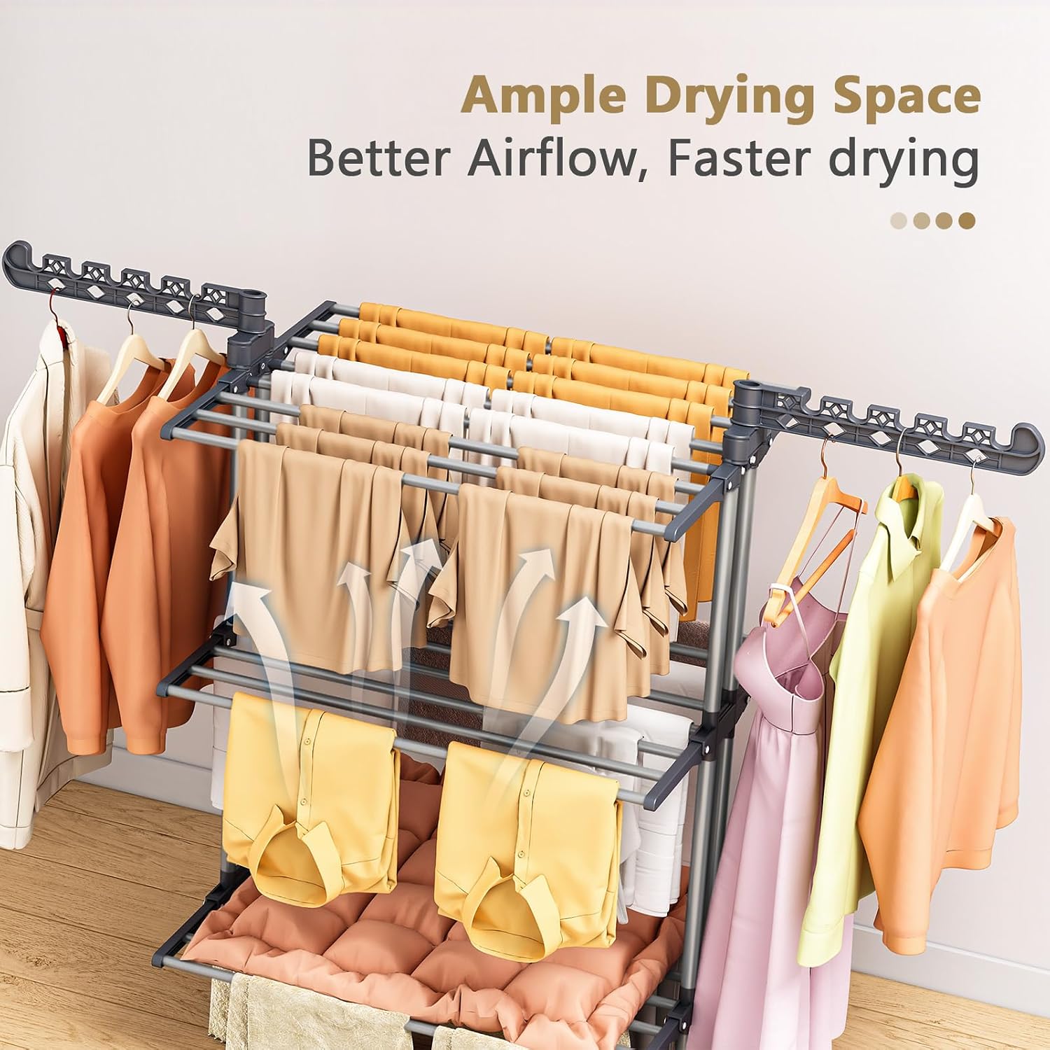 PurKeep 𝐔𝐩𝐠𝐫𝐚𝐝𝐞𝐝 Clothes Drying Rack with Wheels, 4 Tier Folding Drying Rack, Heavy Duty Laundry Drying Rack with Expandable Side Wings, Indoor Outdoor Clothes Air Drying Rack for Large Family - Image 8