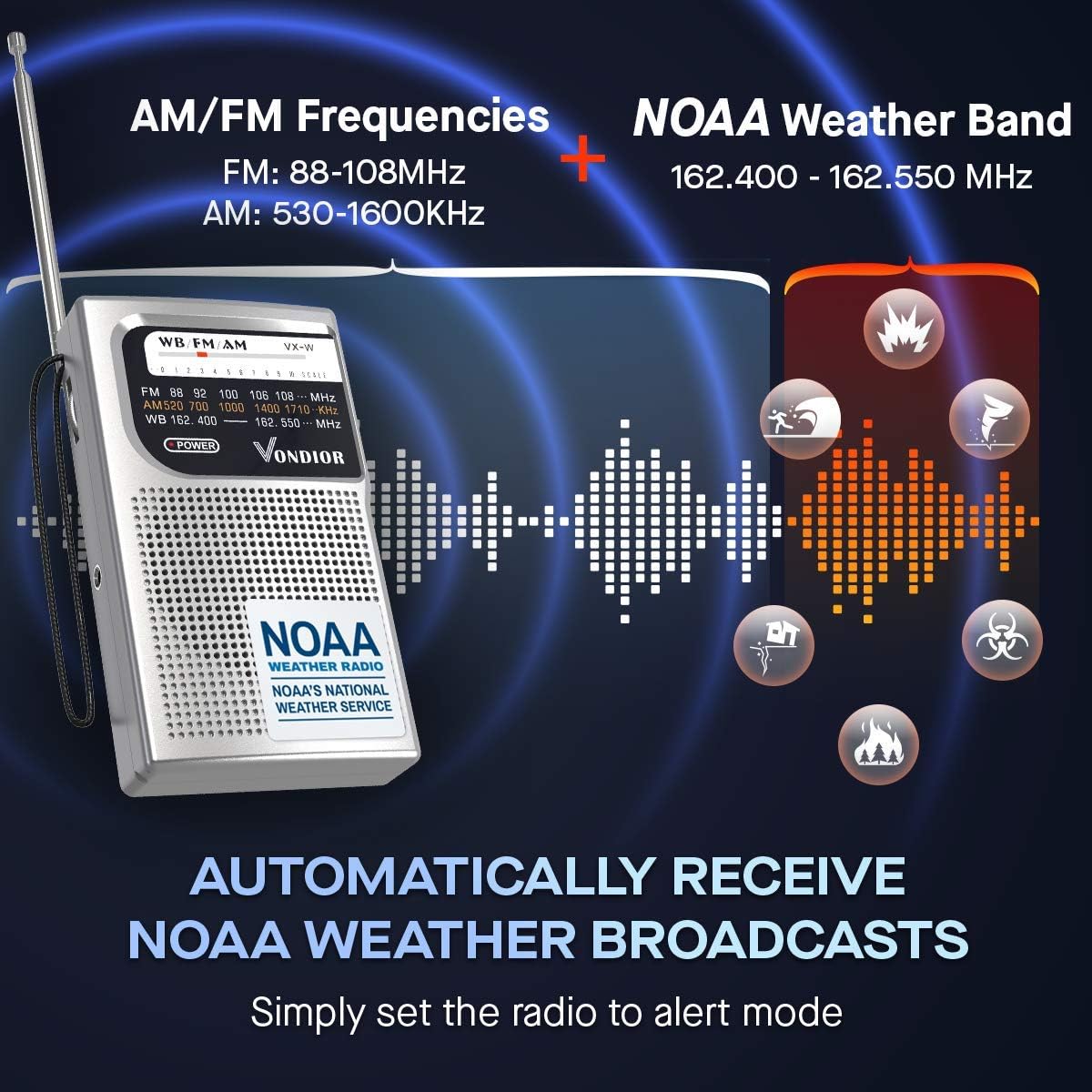 NOAA Weather Radio - Emergency NOAA/AM/FM Battery Operated Portable Radio with Best Reception and Longest Lasting Transistor. Powered by 2 AA Battery with Mono Headphone Socket, by Vondior (Silver) - Image 3