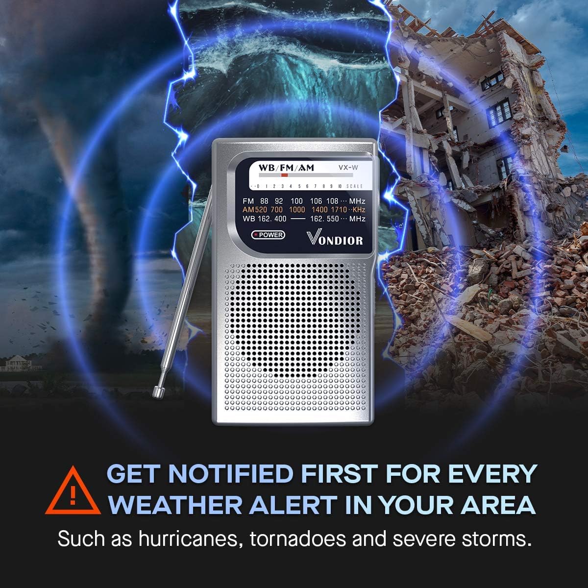 NOAA Weather Radio - Emergency NOAA/AM/FM Battery Operated Portable Radio with Best Reception and Longest Lasting Transistor. Powered by 2 AA Battery with Mono Headphone Socket, by Vondior (Silver) - Image 2