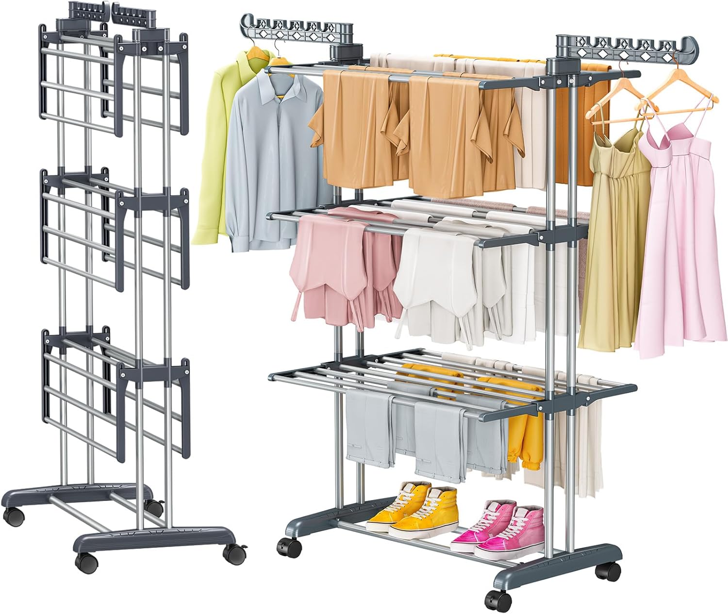 PurKeep 𝐔𝐩𝐠𝐫𝐚𝐝𝐞𝐝 Clothes Drying Rack with Wheels, 4 Tier Folding Drying Rack, Heavy Duty Laundry Drying Rack with Expandable Side Wings, Indoor Outdoor Clothes Air Drying Rack for Large Family - Image 9