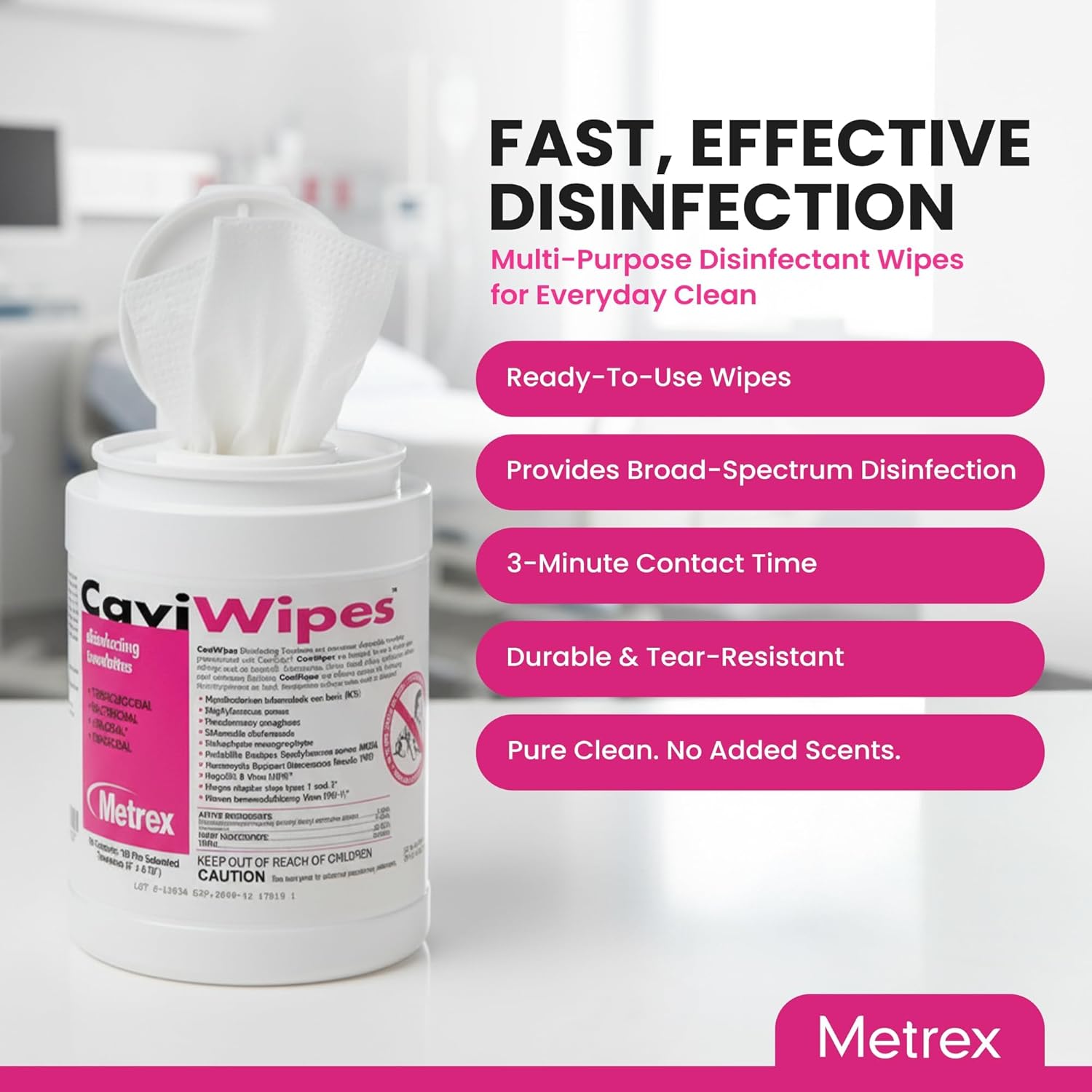 Metrex CaviWipes Disinfecting Towelettes – Durable Non-Woven Disinfecting Wipes for Hard, Non-Porous Surfaces in Healthcare & Laboratory Settings, Pre-Saturated with CaviCide – 160 Wipes (Pack of 1) - Image 2