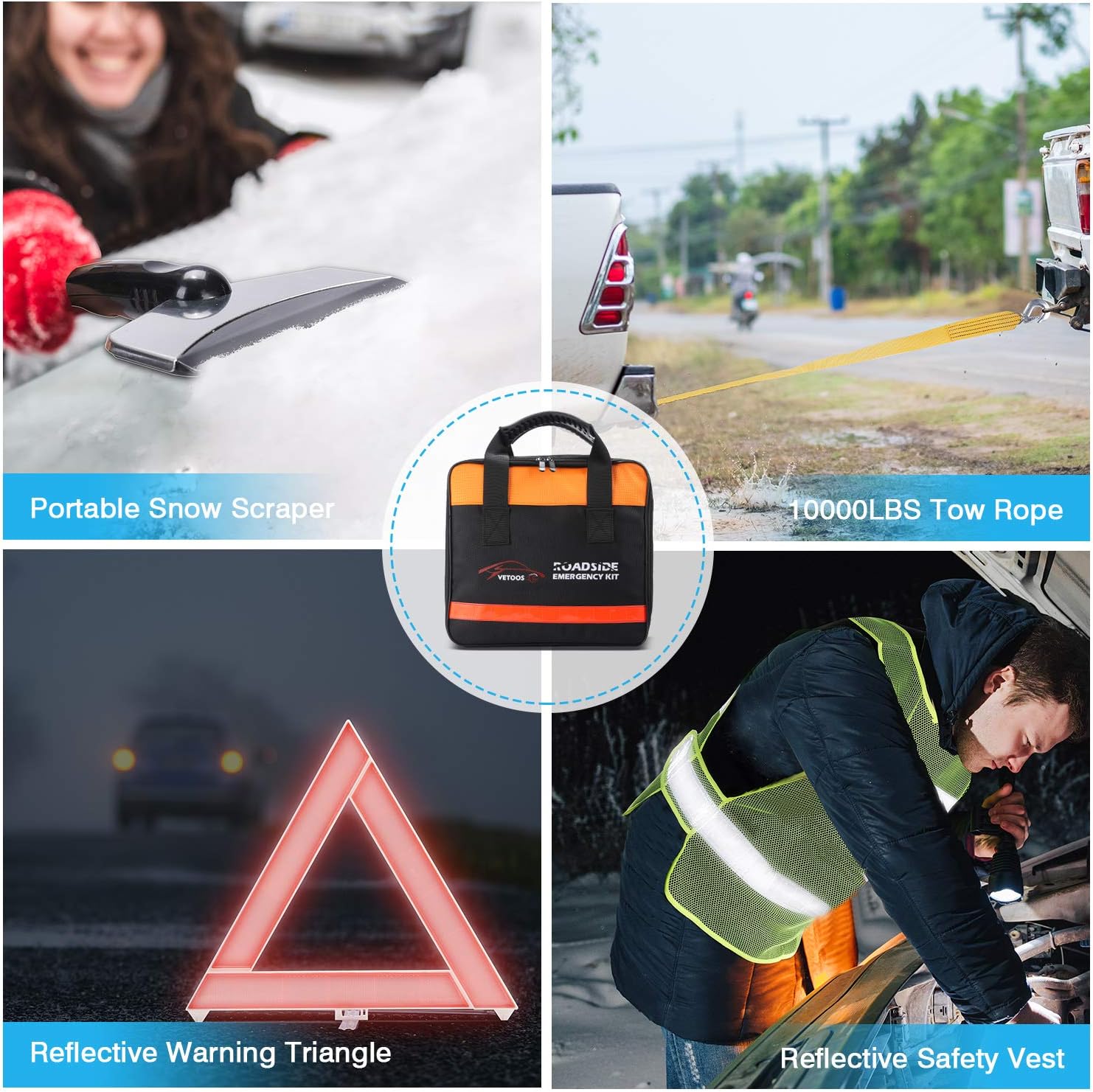 Vetoos Car Roadside Emergency Kit with Jumper Cables, Auto Vehicle Safety Road Side Assistance Kits, Winter Car Kit Essentials for Women and Men, with Car Repair Tool Set, Folding Survival Shovel - Image 7