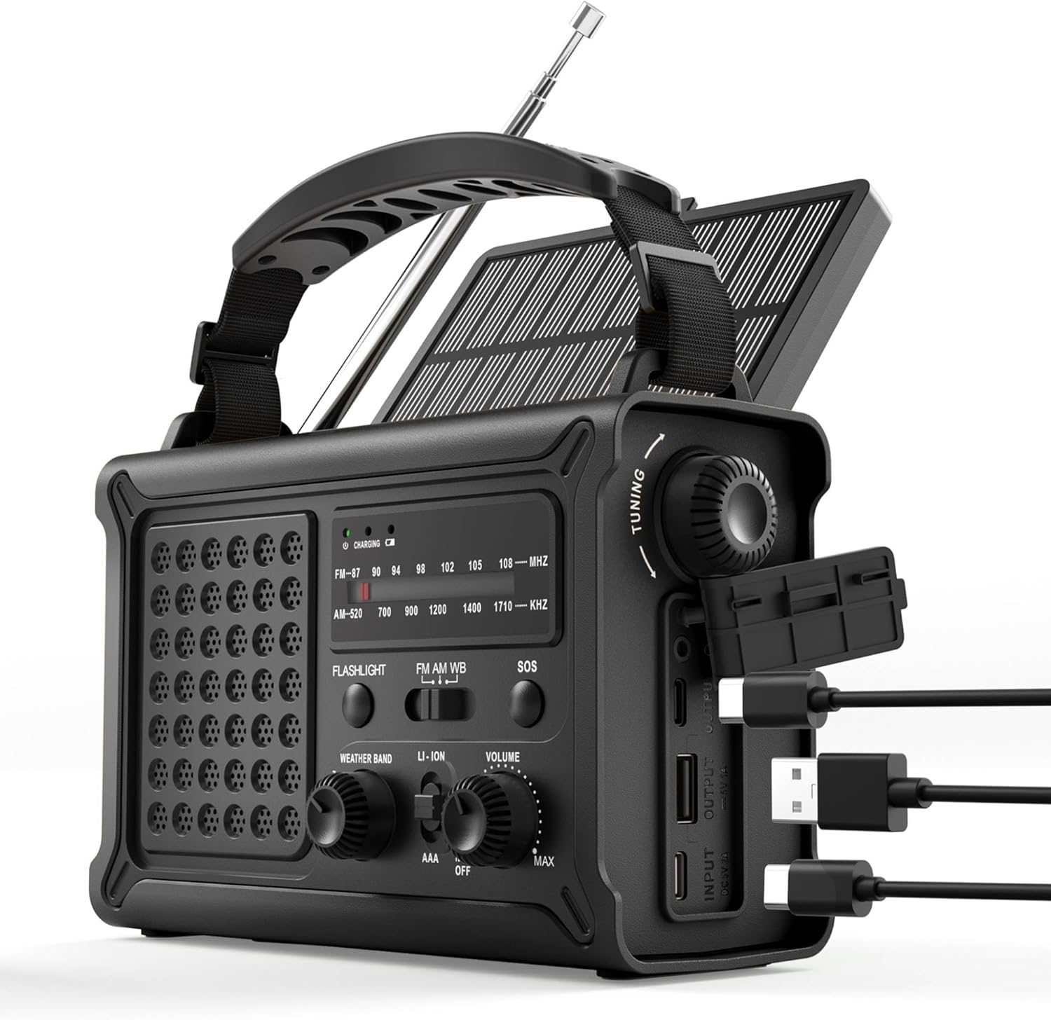 Emergency Radio, 12000mAh Solar Hand Crank NOAA Weather Radio, Black | Hand Crank Radio, 8500mm² Solar Panel, AM/FM/WB, 5W Flashlight, Reading Light, SOS for Outages, Camping & Survival