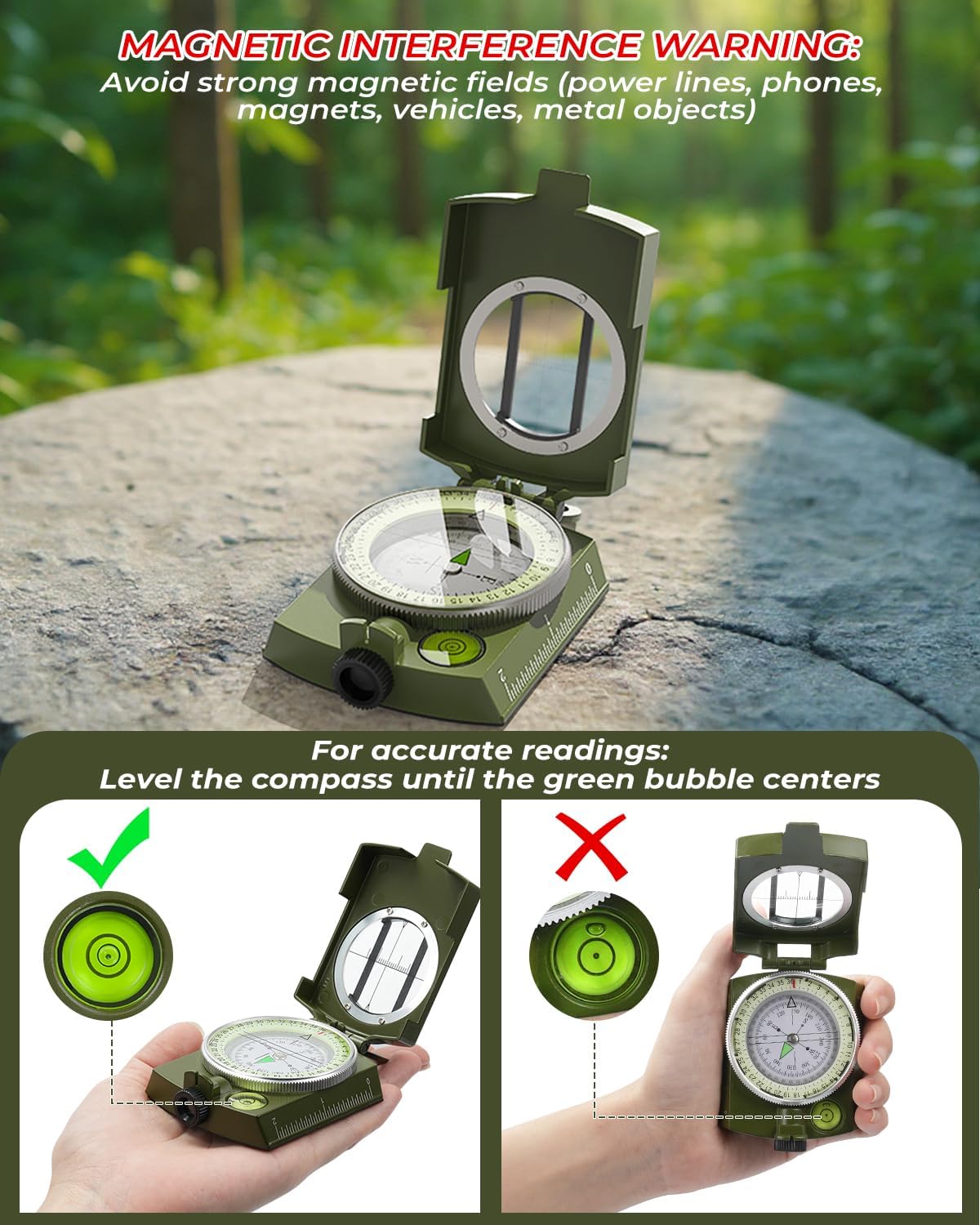 Sportneer Compass: Accurate Durable Lightweight Orienteering Compass with Strap and Carrying Case, Glow in The Dark Waterproof Hiking Essentials for Camping Backpacking, Best Survival Gifts for Kids - Image 3