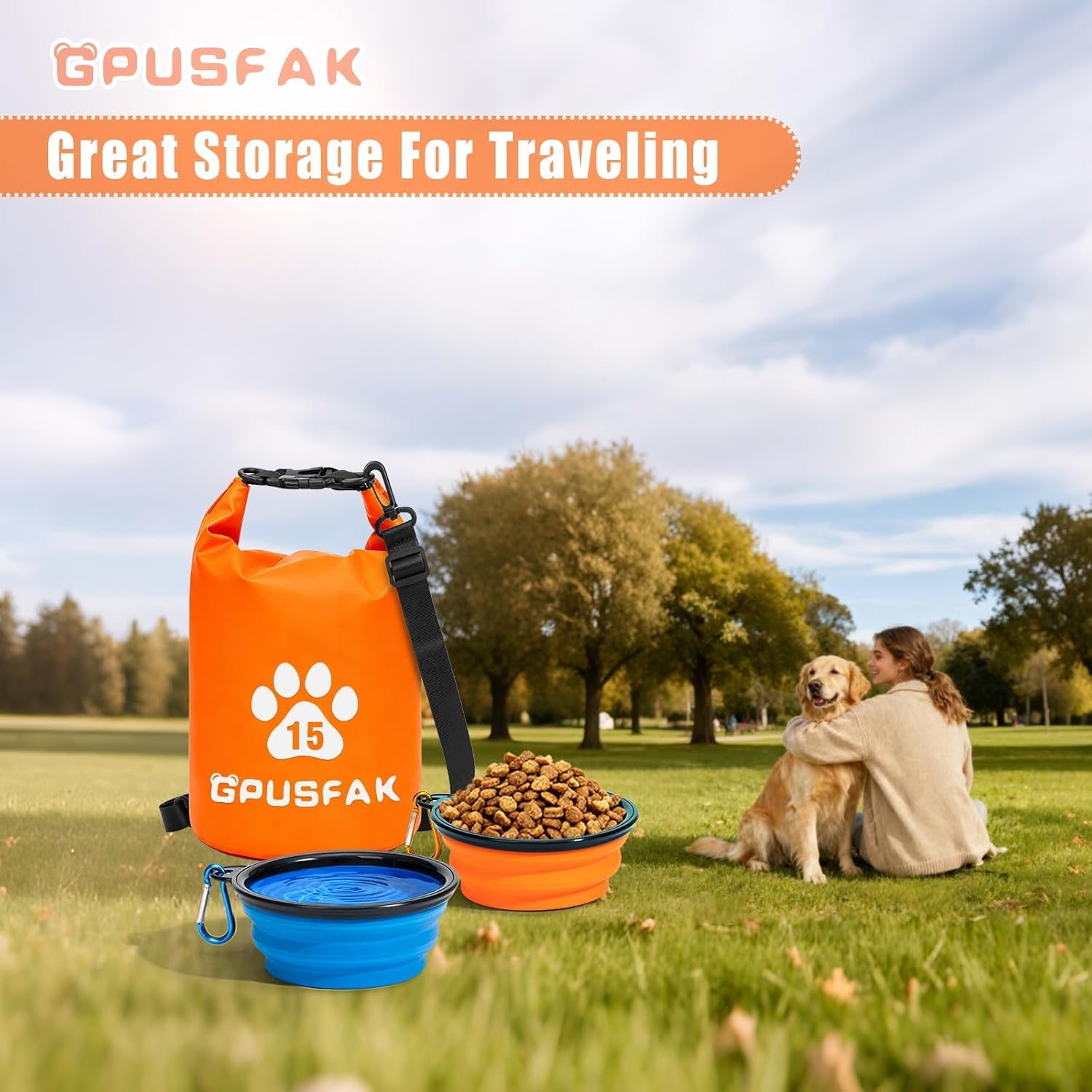 Pet Food Storage Bag with Bowl (96 Cup) - Zip Roll Top Dog Food Travel Bag Waterproof Kibble Container for Camping Road Trips Travel Dog Boarding Weekend Getaways Machine Washable 15L Orange - Image 8