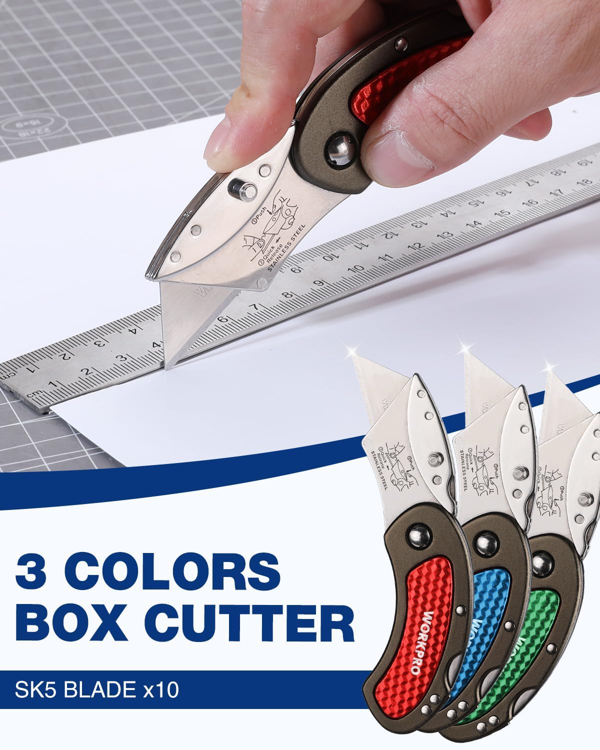 WORKPRO Folding Utility Knife Set Quick Change Blade, Back-lock Mechanism 3-piece with 10-piece Extra Blades - Image 5