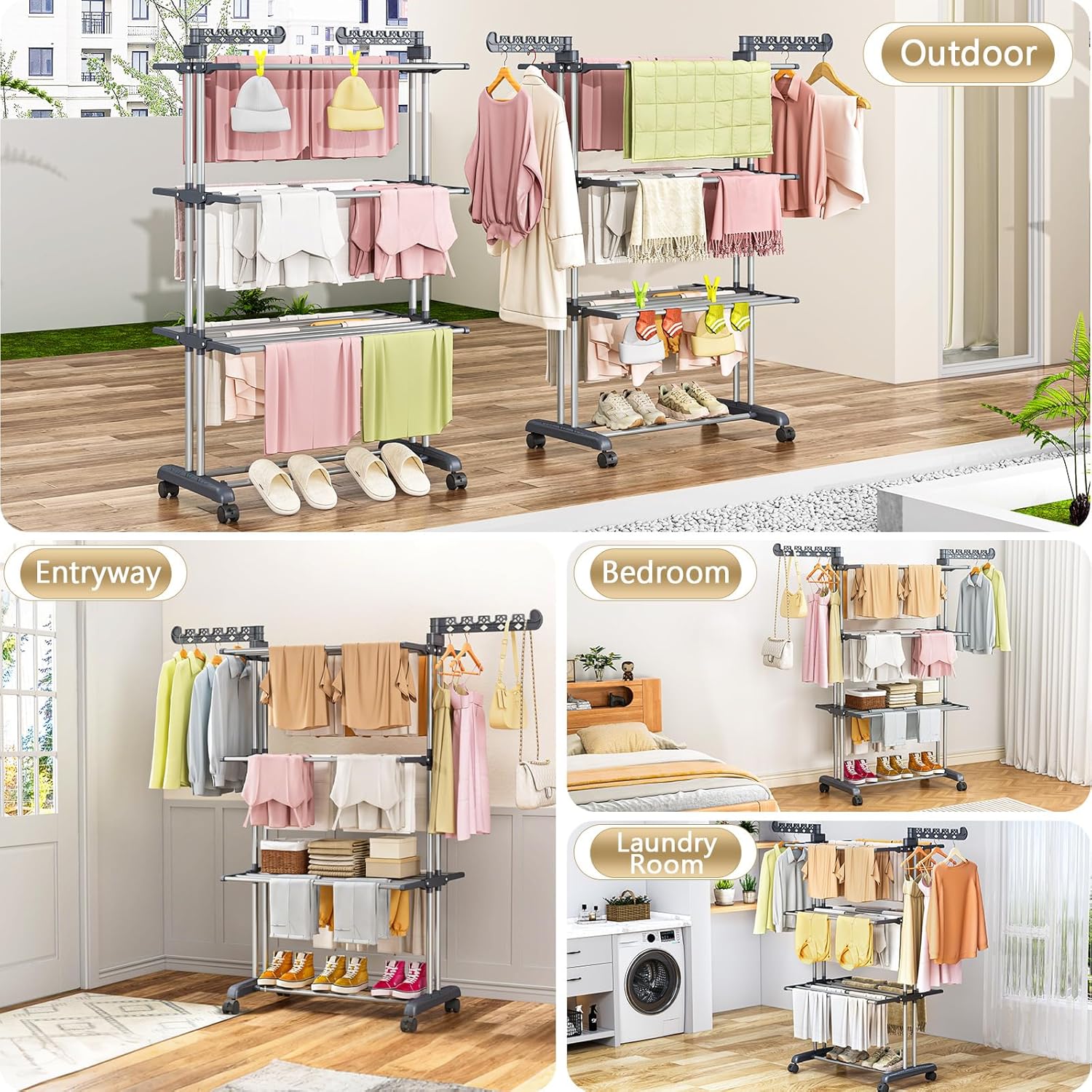 PurKeep 𝐔𝐩𝐠𝐫𝐚𝐝𝐞𝐝 Clothes Drying Rack with Wheels, 4 Tier Folding Drying Rack, Heavy Duty Laundry Drying Rack with Expandable Side Wings, Indoor Outdoor Clothes Air Drying Rack for Large Family - Image 4