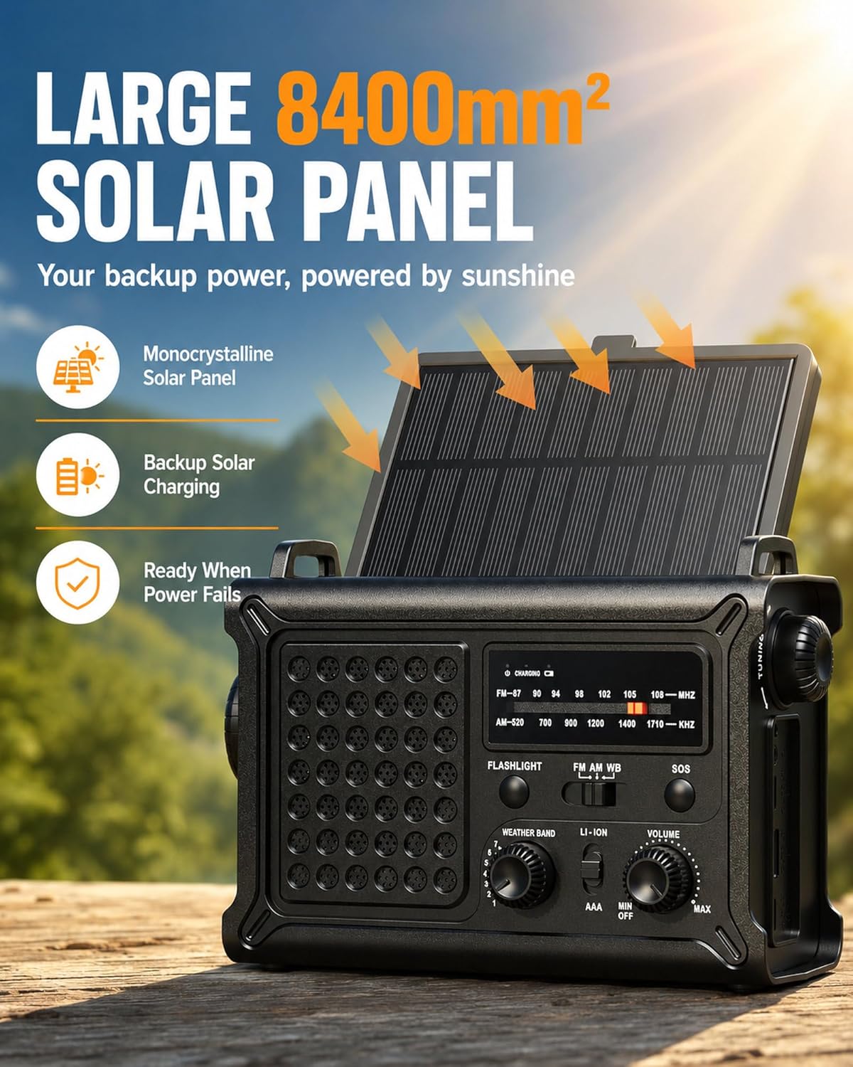 Emergency Radio, 12000mAh Solar Hand Crank NOAA Weather Radio, Black | Hand Crank Radio, 8500mm² Solar Panel, AM/FM/WB, 5W Flashlight, Reading Light, SOS for Outages, Camping & Survival - Image 4