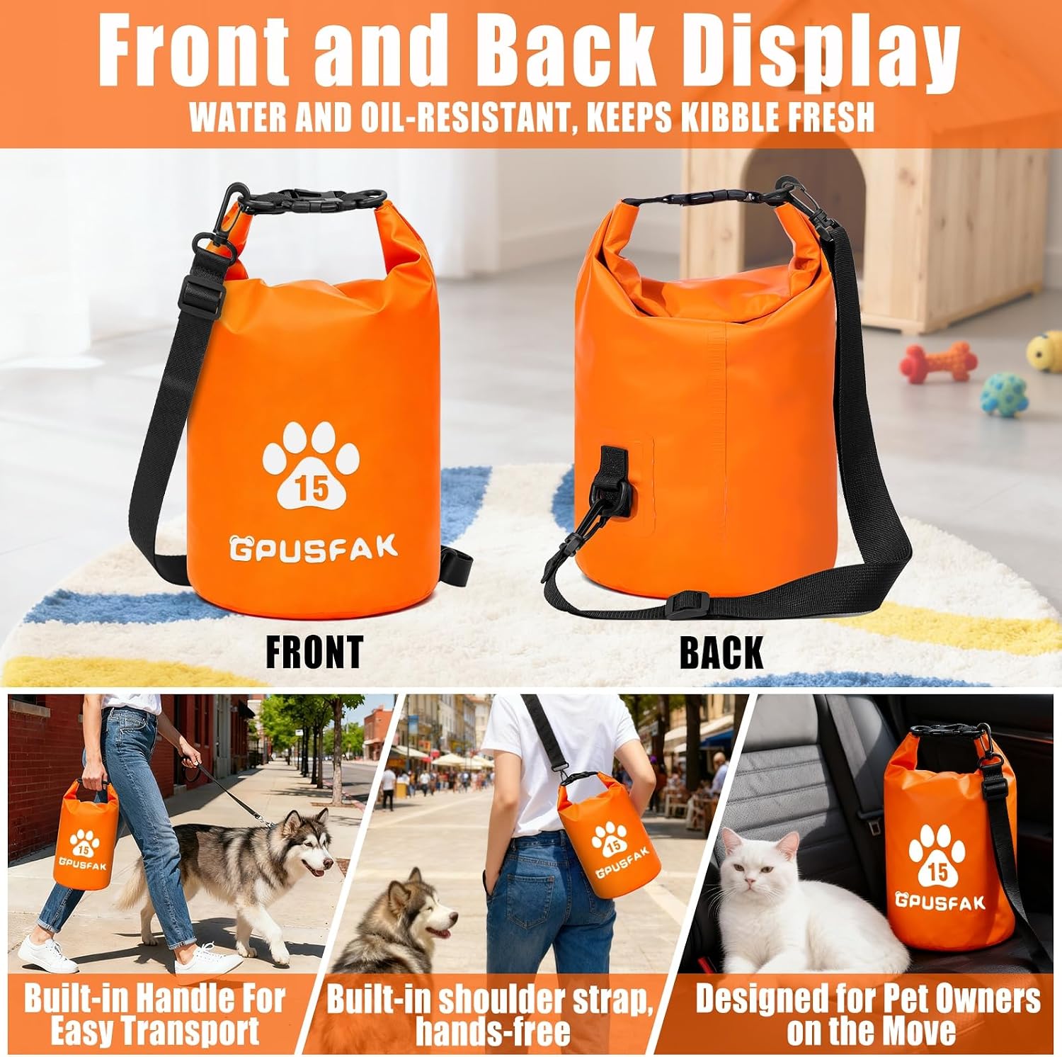 Pet Food Storage Bag with Bowl (96 Cup) - Zip Roll Top Dog Food Travel Bag Waterproof Kibble Container for Camping Road Trips Travel Dog Boarding Weekend Getaways Machine Washable 15L Orange - Image 3