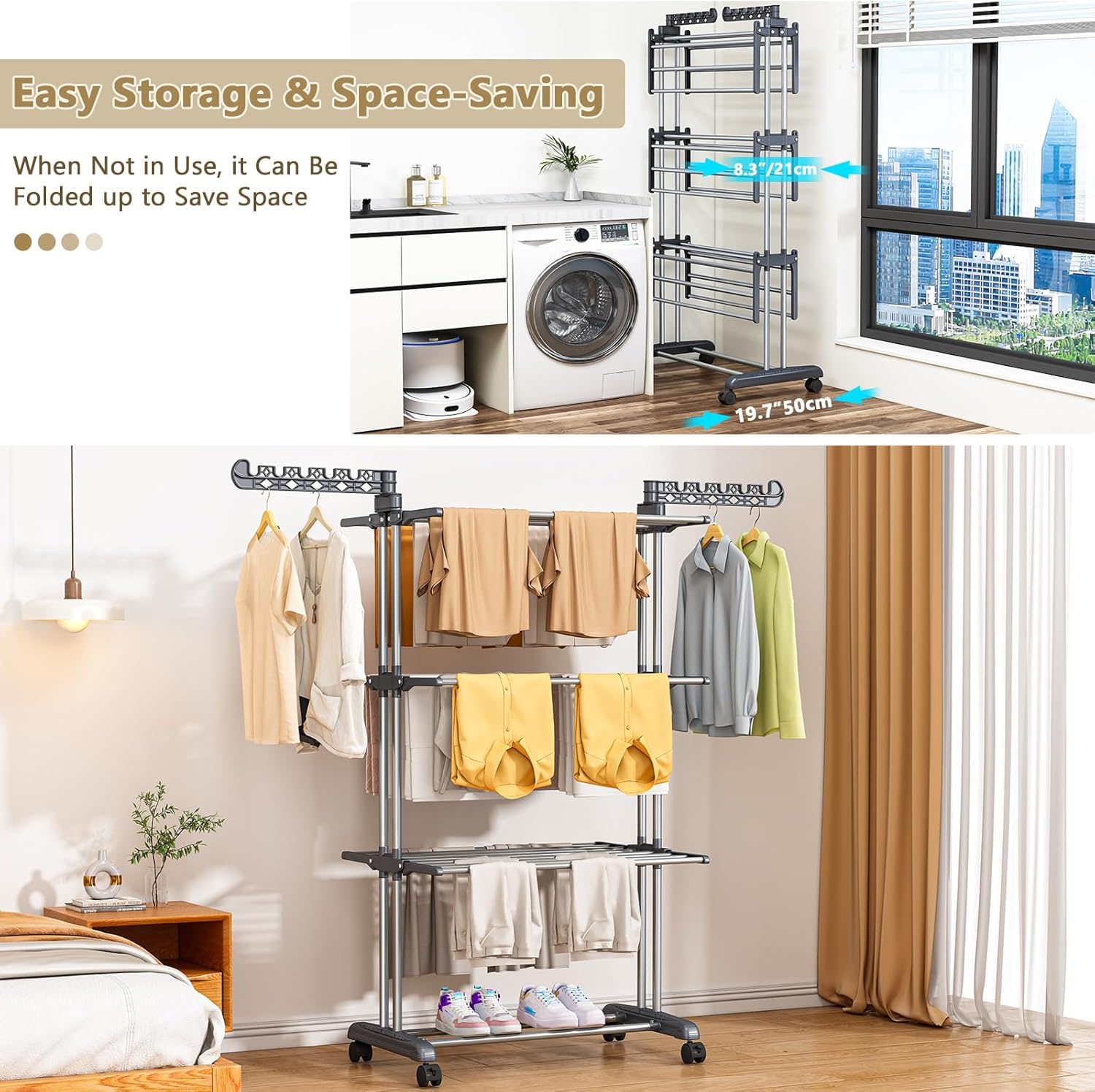 PurKeep 𝐔𝐩𝐠𝐫𝐚𝐝𝐞𝐝 Clothes Drying Rack with Wheels, 4 Tier Folding Drying Rack, Heavy Duty Laundry Drying Rack with Expandable Side Wings, Indoor Outdoor Clothes Air Drying Rack for Large Family - Image 2