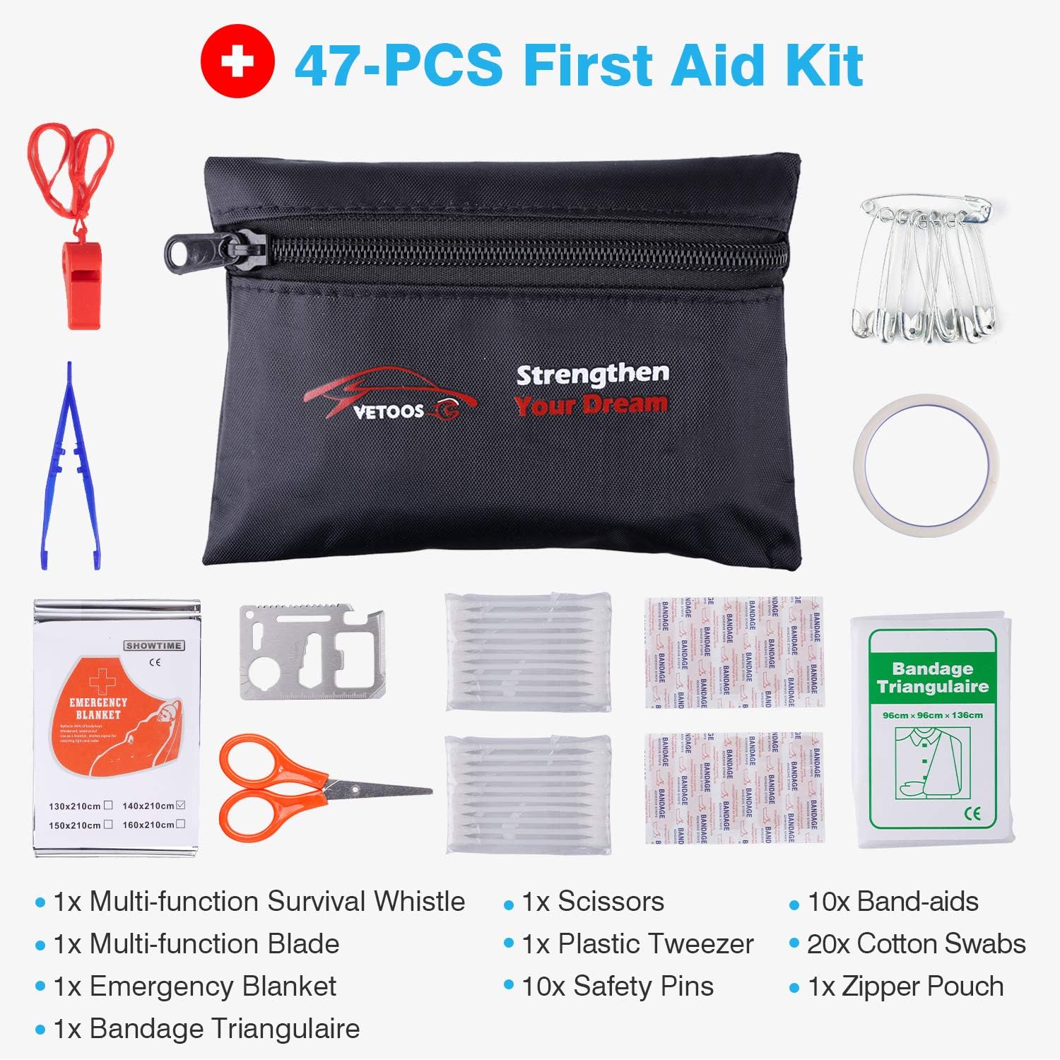 Vetoos Car Roadside Emergency Kit with Jumper Cables, Auto Vehicle Safety Road Side Assistance Kits, Winter Car Kit Essentials for Women and Men, with Car Repair Tool Set, Folding Survival Shovel - Image 6