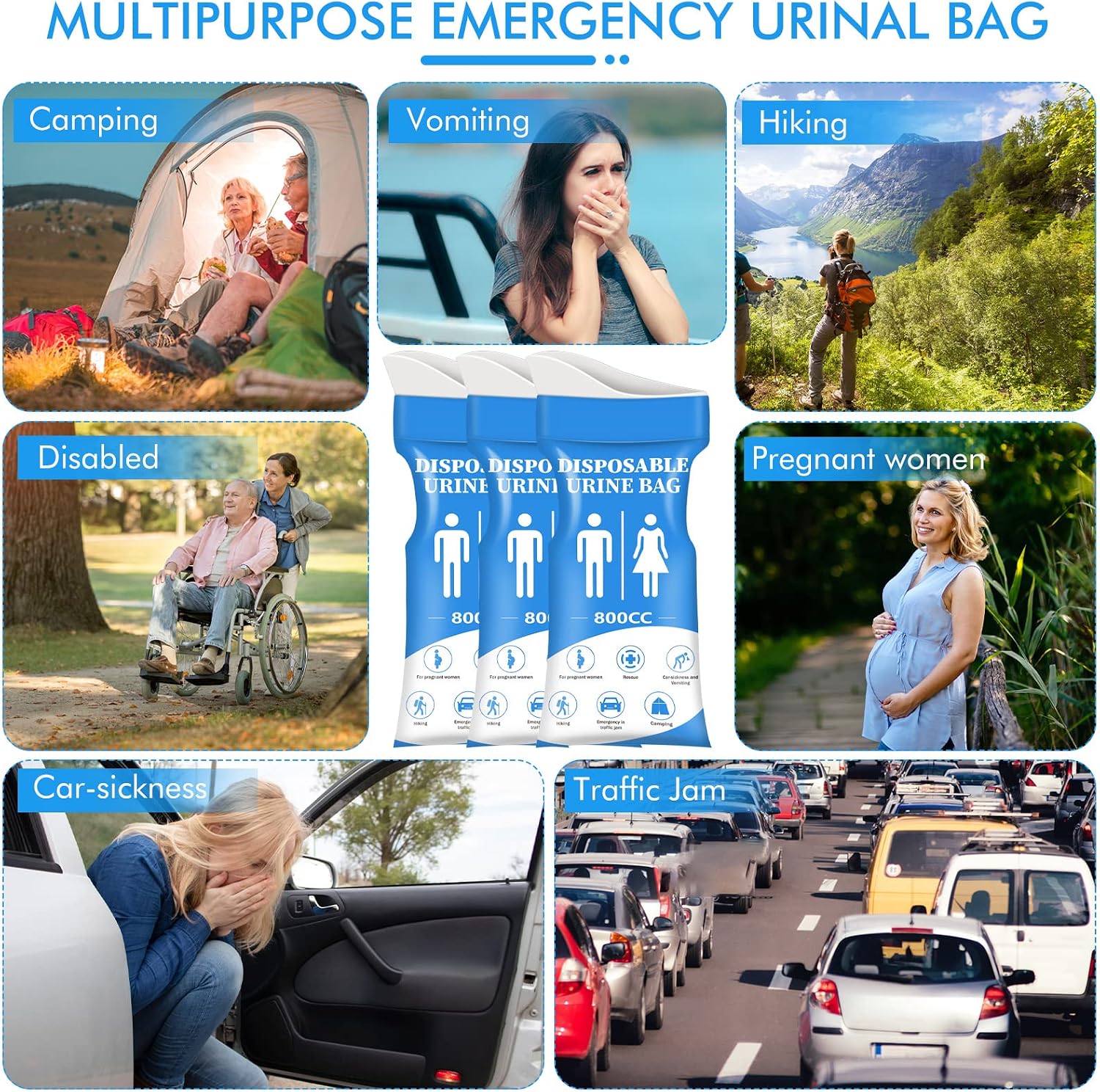 DIBBATU Disposable Urine Bag, 12/24 Pack Pee Bags for Travel for Women/Men, 800ML Emergency Portable Urinal Bag and Vomit Bags, Unisex Urinal Bag for Camping, Traffic Jams, Pregnant - Image 3