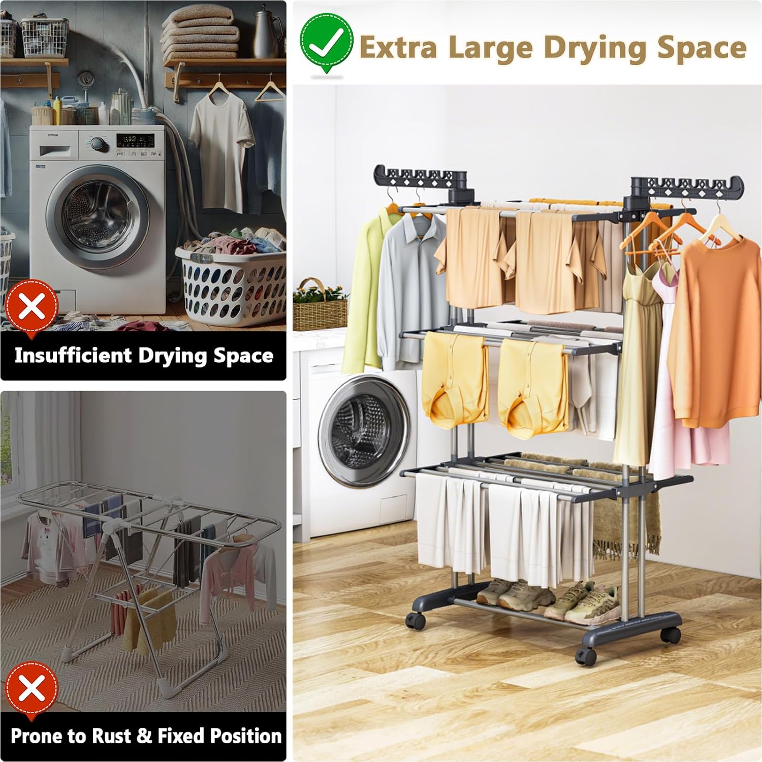 PurKeep 𝐔𝐩𝐠𝐫𝐚𝐝𝐞𝐝 Clothes Drying Rack with Wheels, 4 Tier Folding Drying Rack, Heavy Duty Laundry Drying Rack with Expandable Side Wings, Indoor Outdoor Clothes Air Drying Rack for Large Family - Image 6