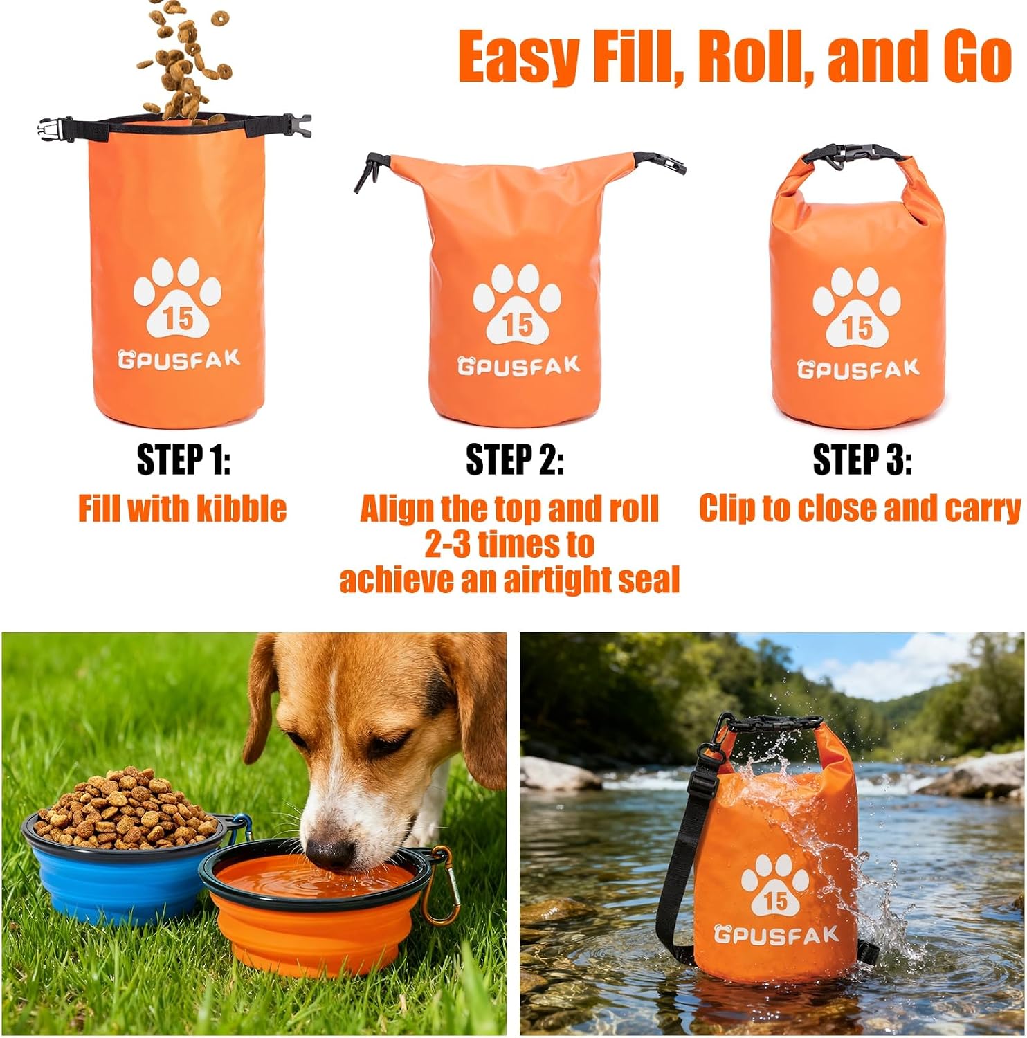 Pet Food Storage Bag with Bowl (96 Cup) - Zip Roll Top Dog Food Travel Bag Waterproof Kibble Container for Camping Road Trips Travel Dog Boarding Weekend Getaways Machine Washable 15L Orange - Image 5