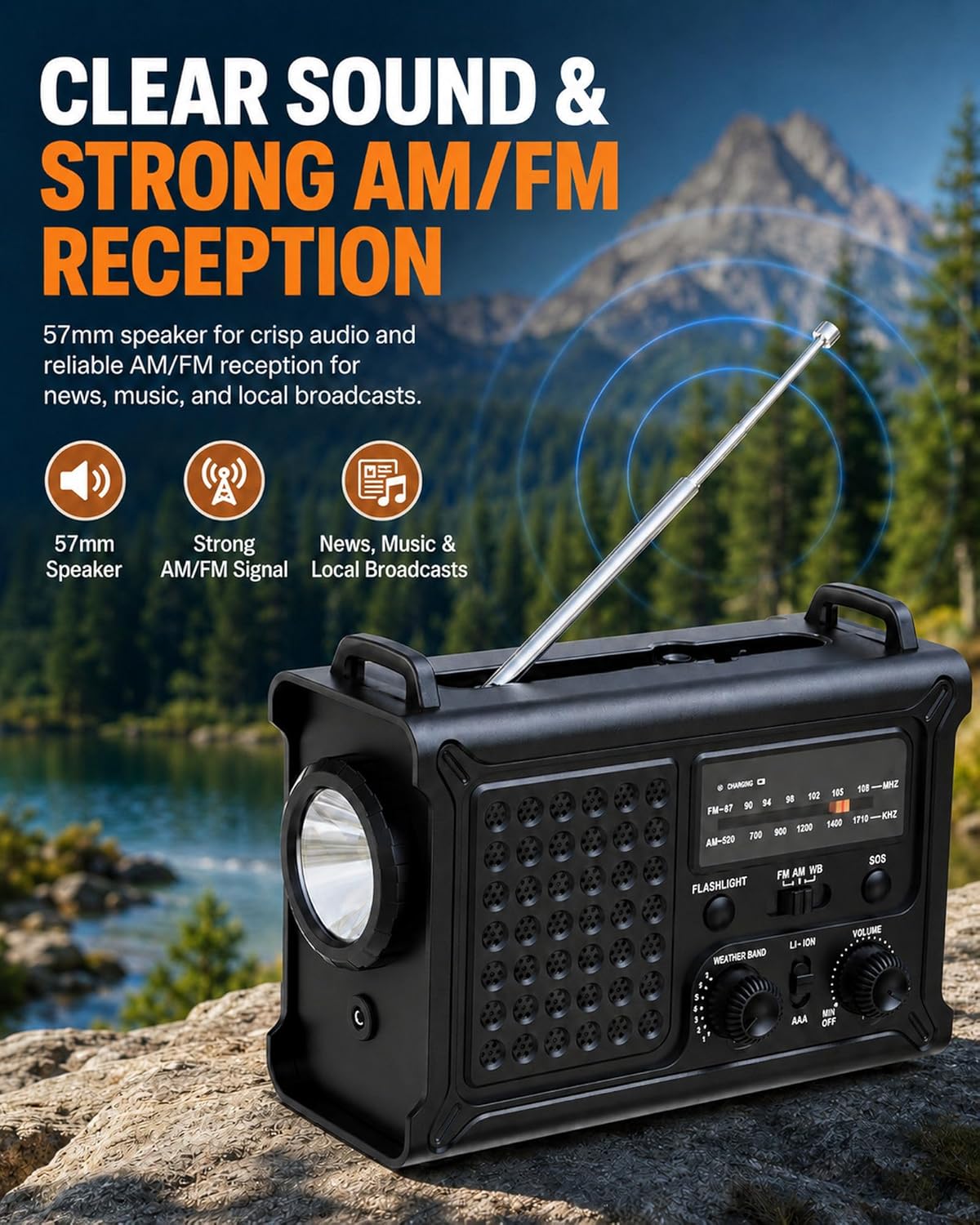 Emergency Radio, 12000mAh Solar Hand Crank NOAA Weather Radio, Black | Hand Crank Radio, 8500mm² Solar Panel, AM/FM/WB, 5W Flashlight, Reading Light, SOS for Outages, Camping & Survival - Image 6