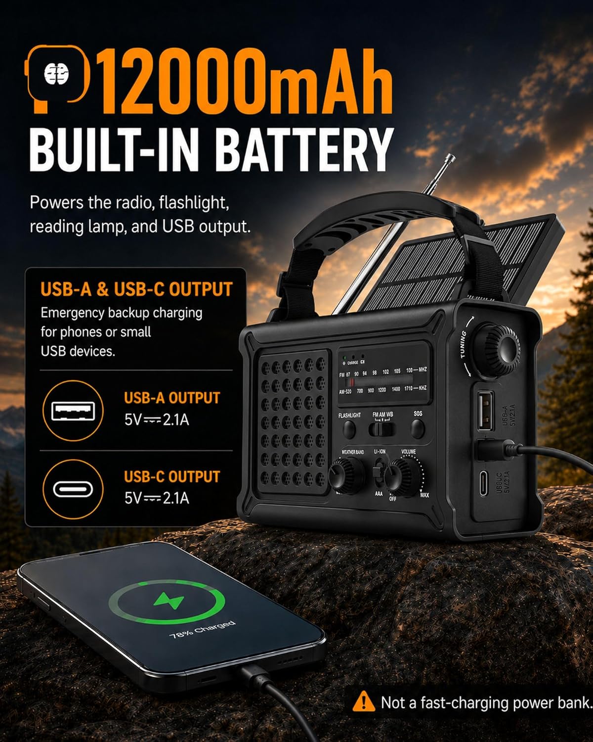 Emergency Radio, 12000mAh Solar Hand Crank NOAA Weather Radio, Black | Hand Crank Radio, 8500mm² Solar Panel, AM/FM/WB, 5W Flashlight, Reading Light, SOS for Outages, Camping & Survival - Image 3