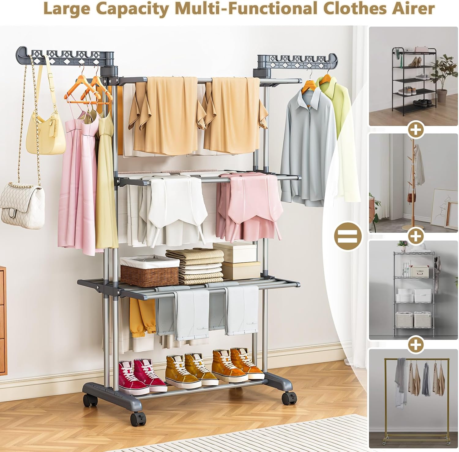 PurKeep 𝐔𝐩𝐠𝐫𝐚𝐝𝐞𝐝 Clothes Drying Rack with Wheels, 4 Tier Folding Drying Rack, Heavy Duty Laundry Drying Rack with Expandable Side Wings, Indoor Outdoor Clothes Air Drying Rack for Large Family - Image 3